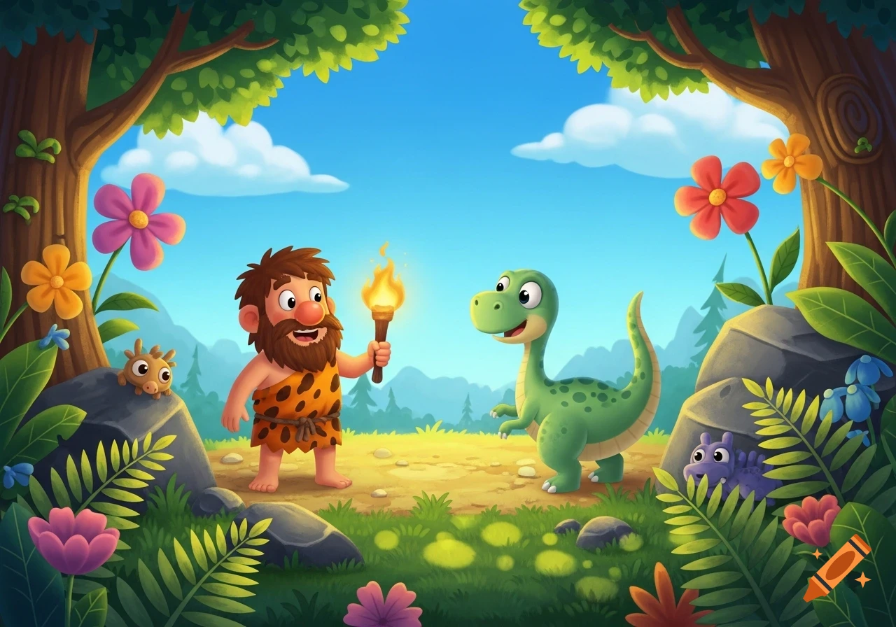 A cartoon caveman with a torch and a smiling green dinosaur stand in a vibrant prehistoric forest.