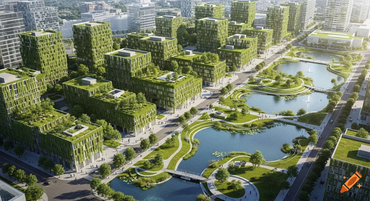 Aerial view of a green city with buildings covered in vines, parks, and lakes, depicting a sponge city concept.