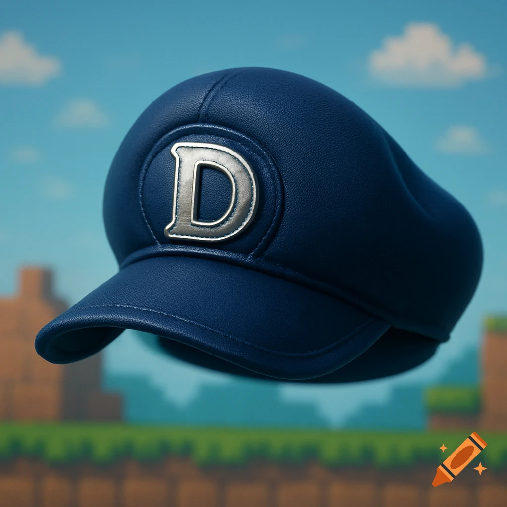A stylized blue cap with a large silver letter D on the front, against a pixelated sky and blocky green landscape.
