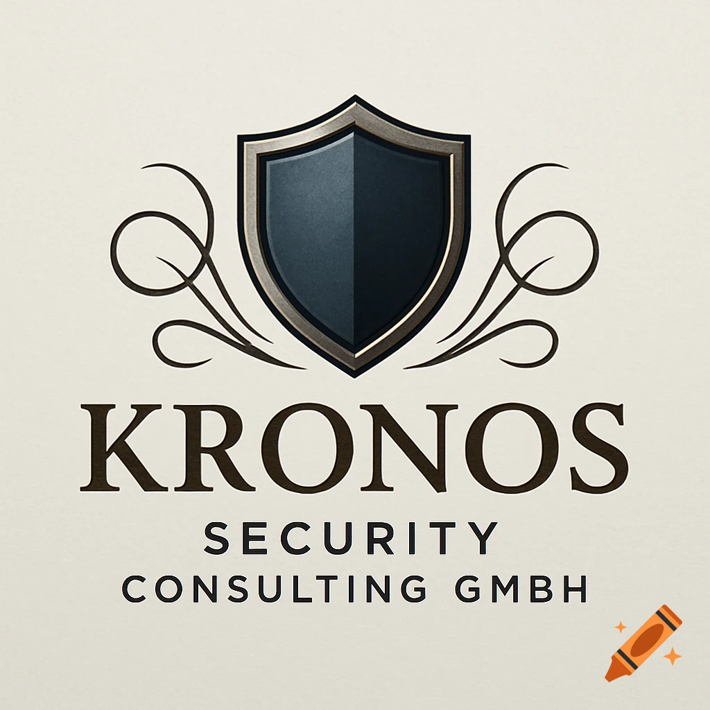 A dark blue and gold metallic shield logo with elegant swirls, above the text "KRONOS SECURITY CONSULTING GMBH" on a light background.