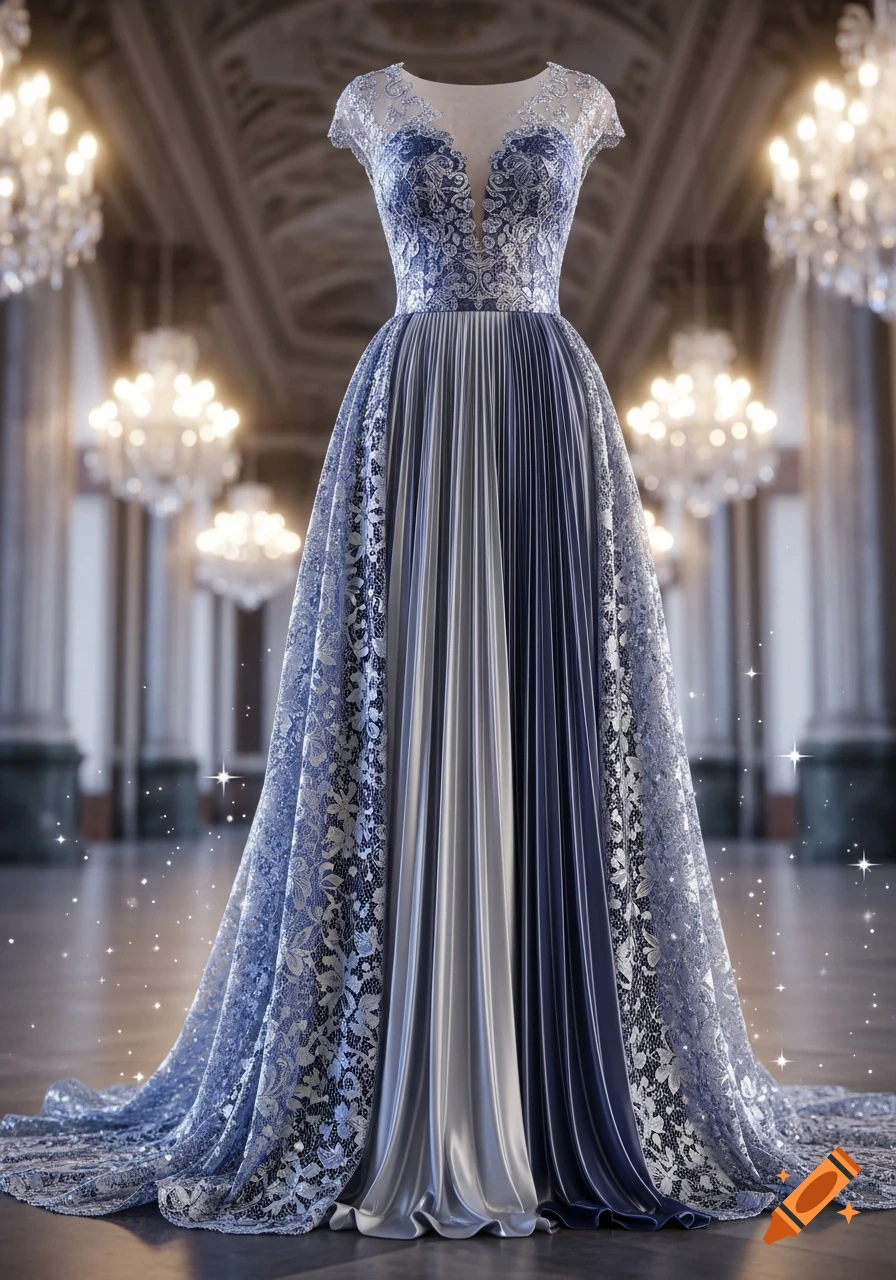 An elegant blue and silver lace and pleated gown with a train stands in a grand ballroom with chandeliers.