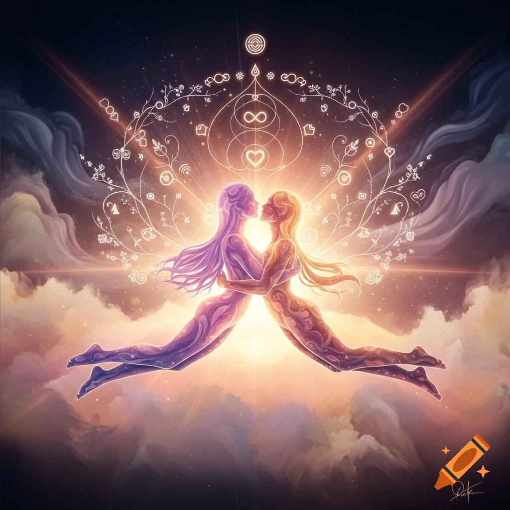 Two stylized, luminous figures, one purple and one gold, embrace amidst glowing symbols and clouds, evoking spiritual love.