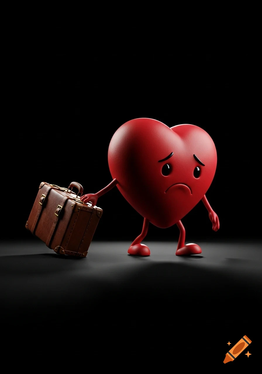 A sad, red 3D cartoon heart character with small arms and legs drags a brown suitcase across a dark surface on a black background.
