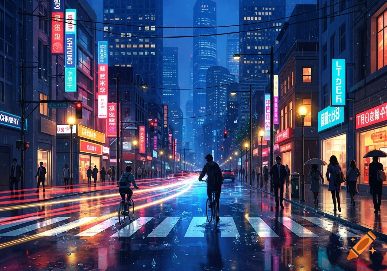 A vibrant, rainy city street at night, illuminated by numerous neon signs. Two people ride bikes on a wet road with light trails, while pedestrians walk on the sidewalks.