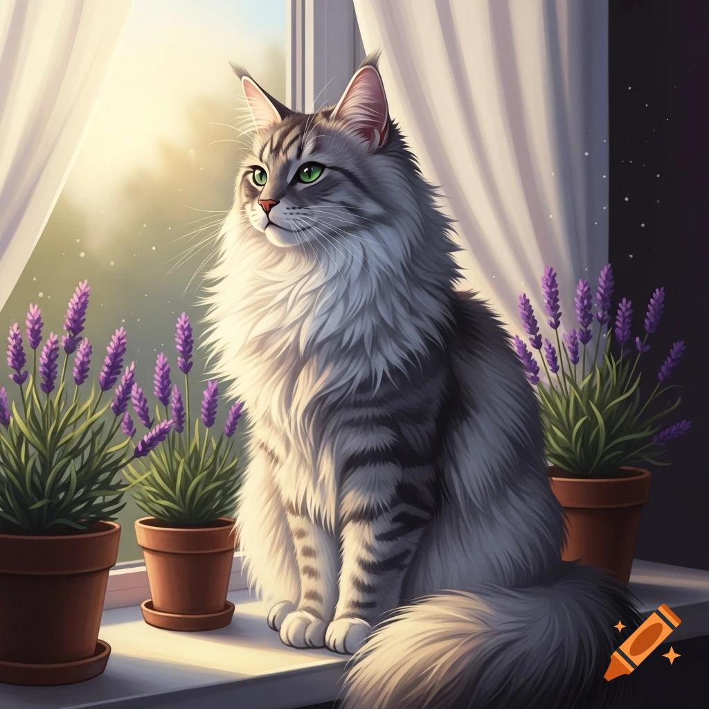 A fluffy gray tabby cat with green eyes sits on a sunlit window sill ...