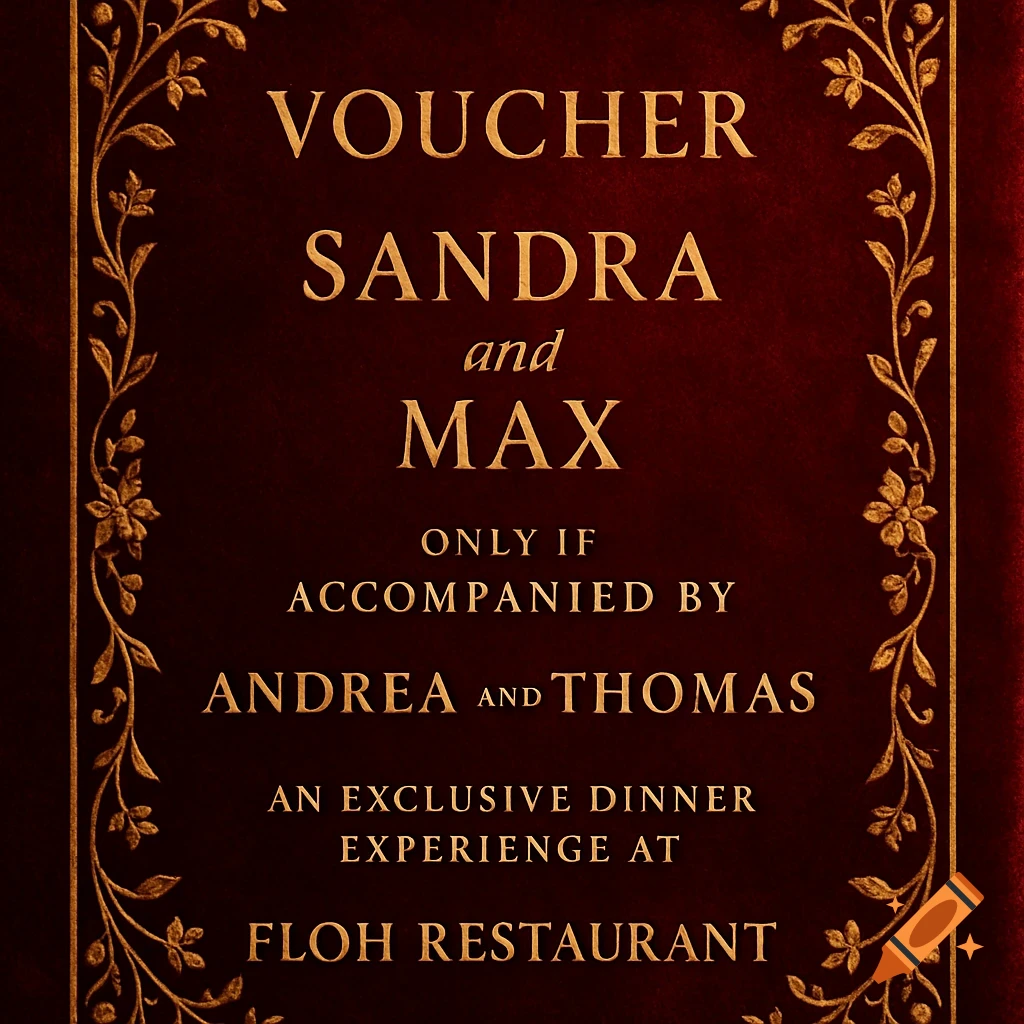 A gilded dinner voucher for Sandra, Max, Andrea, and Thomas at Floh Restaurant, on a dark red background.