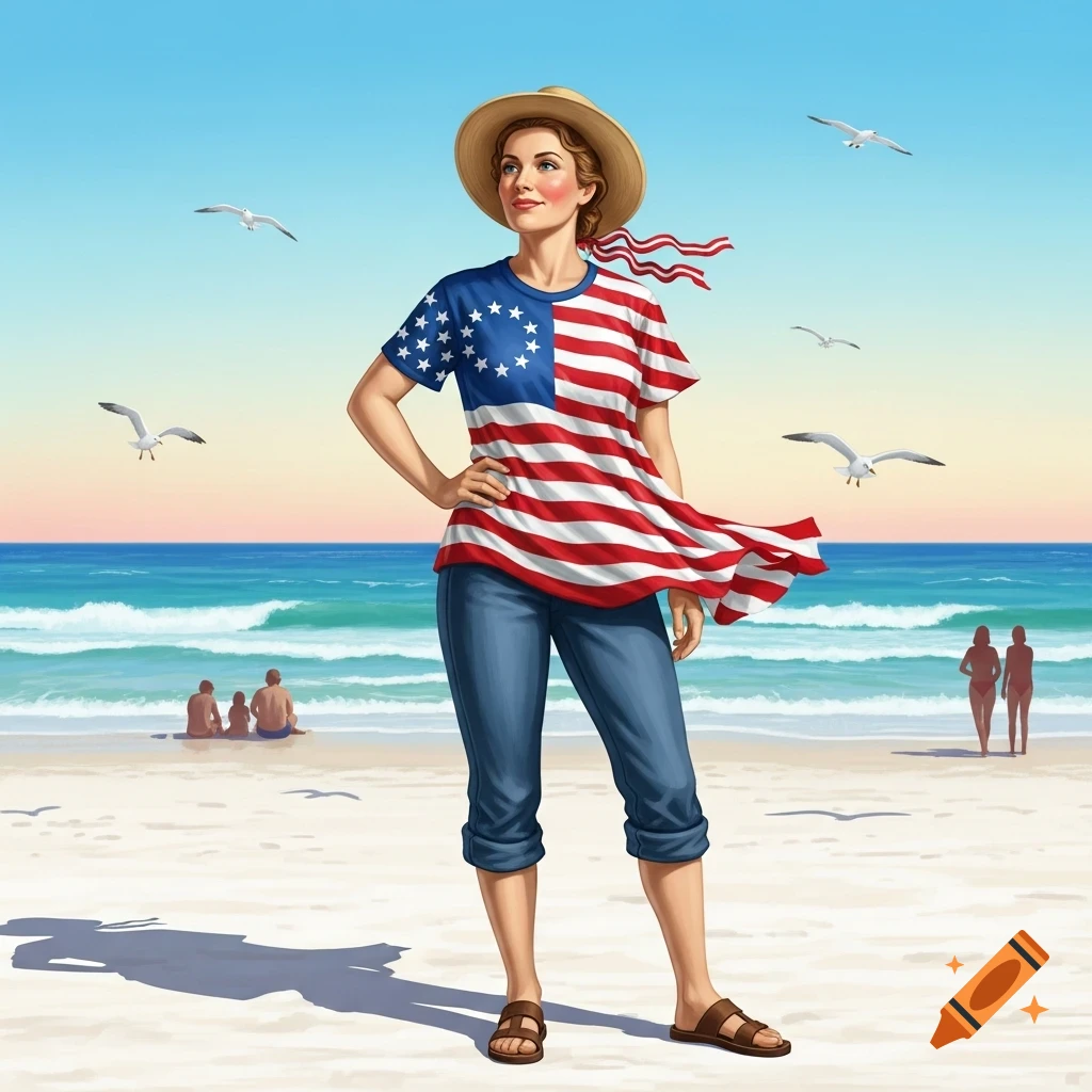 An illustrated woman in a straw hat and an American flag t-shirt stands on a sandy beach by the ocean.