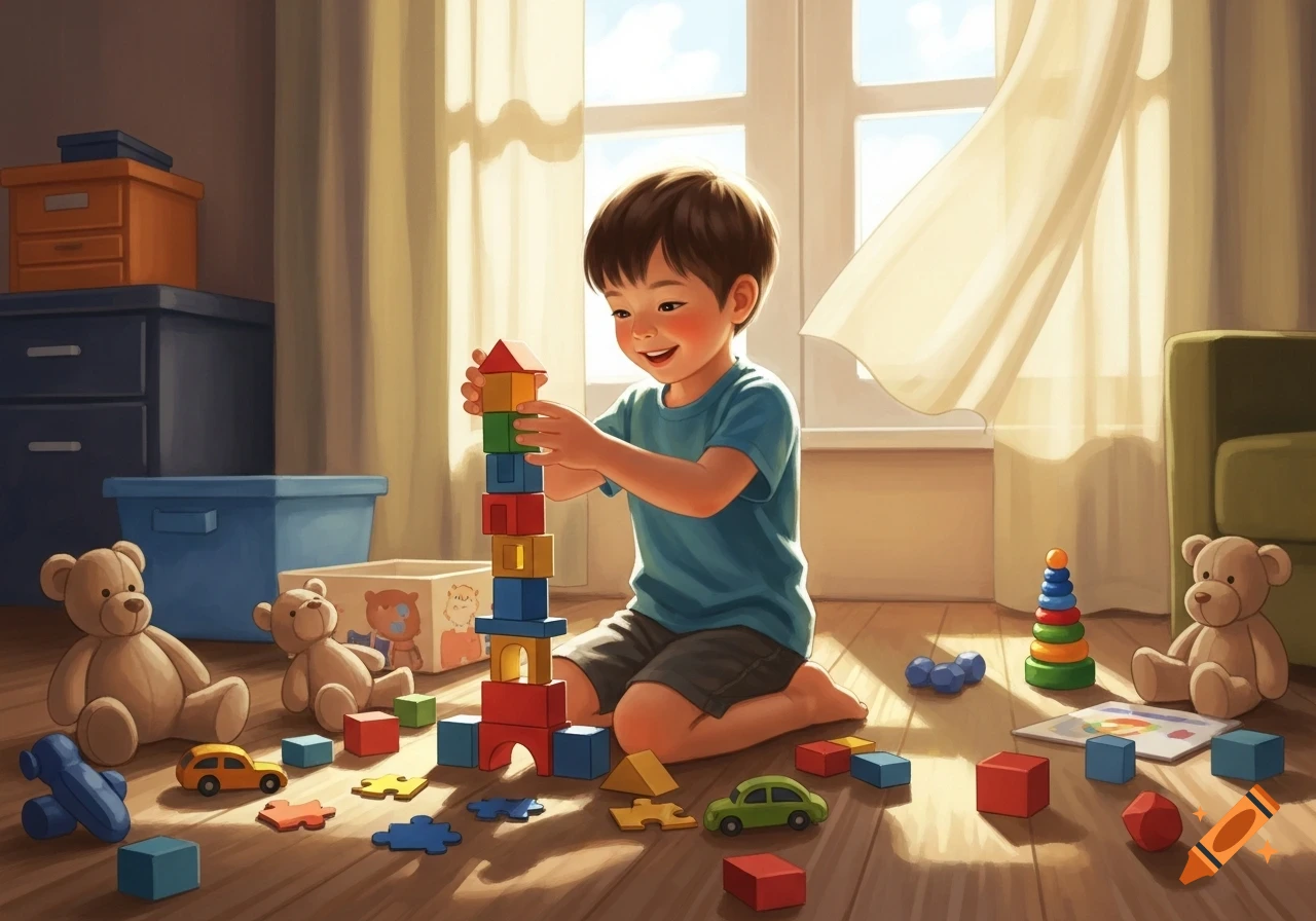 A smiling young boy building a tall tower of colorful blocks on a sunlit wooden floor, surrounded by toys and teddy bears.
