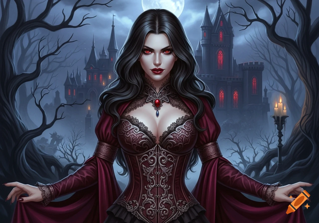 A female vampire with long dark hair, red eyes, and a dark red gothic dress stands before a castle at night under a full moon.