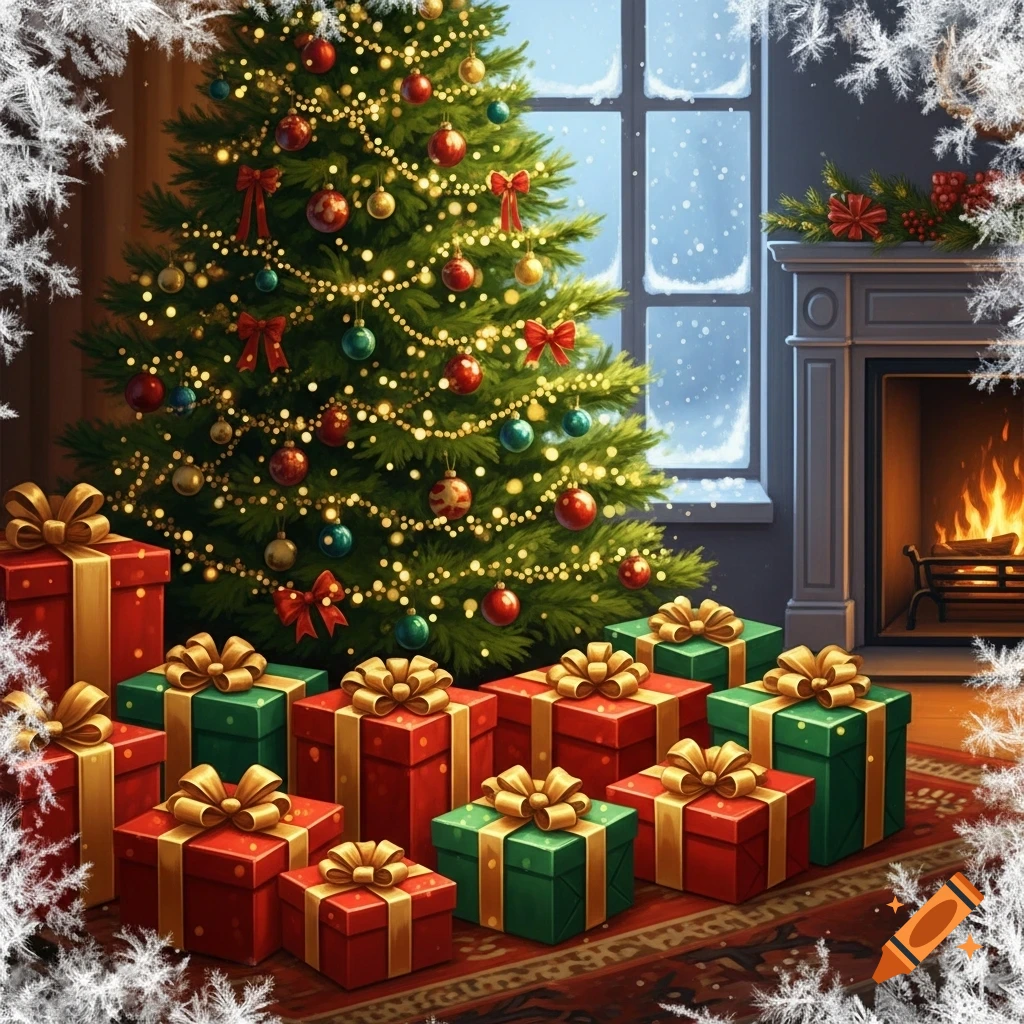 A cozy Christmas scene with a decorated tree, numerous wrapped presents, a fireplace with a roaring fire, and a snowy window, framed by frosty elements.
