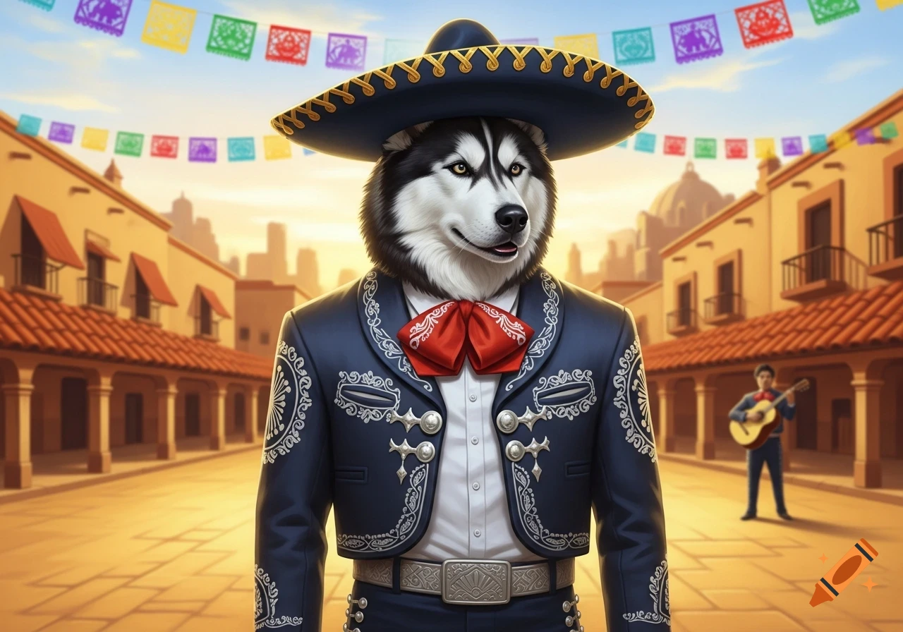 A husky dog in a blue mariachi suit and sombrero stands on a festive street under colorful banners, with a guitarist in the background.