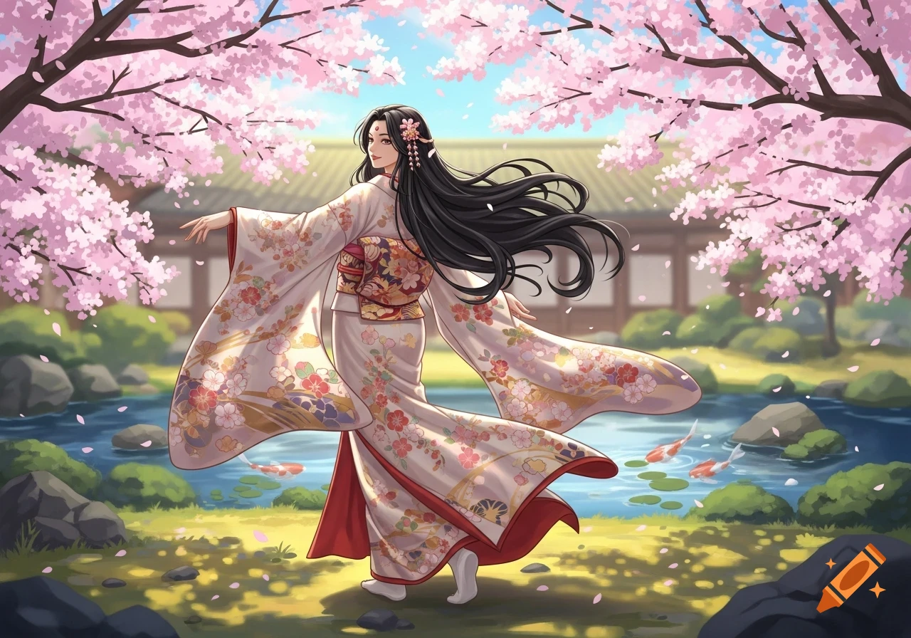 Anime woman in a white floral kimono in a Japanese garden with pink cherry blossoms, a pond, and koi fish.