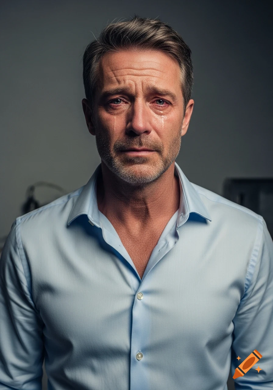 A photorealistic portrait of a middle-aged man with a beard, tears streaming down his face, wearing a light blue shirt.
