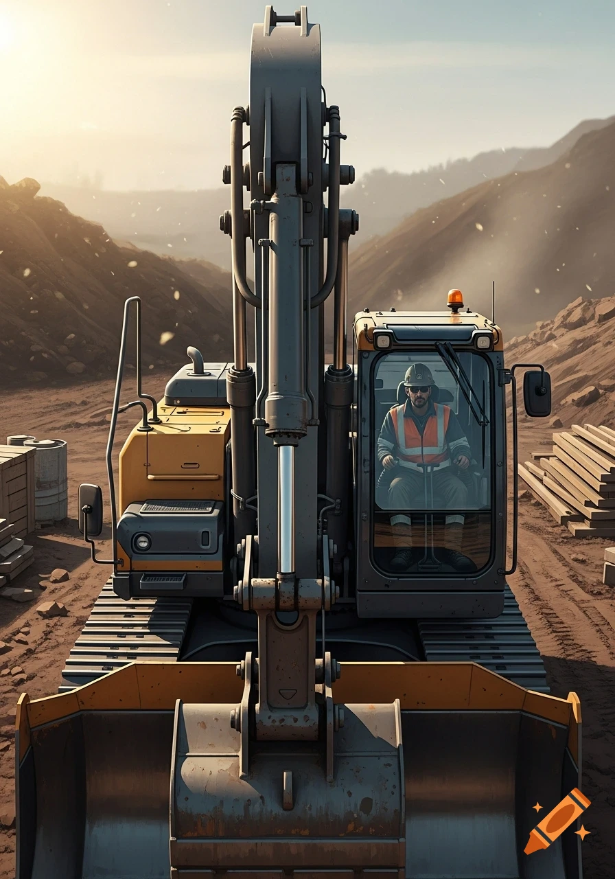 A photorealistic front view of a man in a hard hat and safety vest operating a large yellow and gray excavator at a dusty construction site.