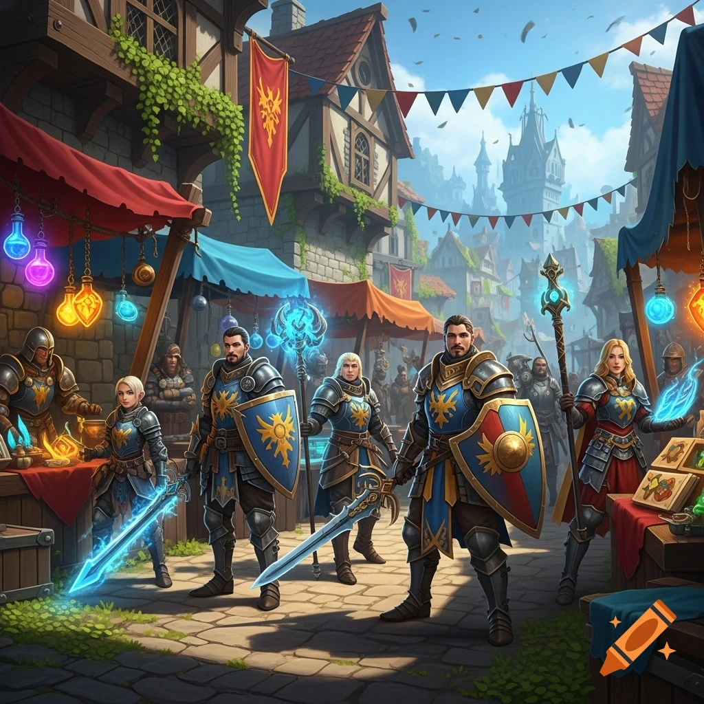 Armored fantasy characters stand in a bustling medieval market with glowing potions and banners, depicted in a detailed art style.