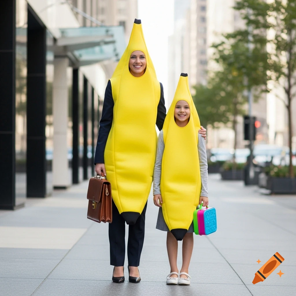 A mother and daughter in full banana costumes stand on a city sidewalk, the mother holding a briefcase and the daughter a lunchbox.