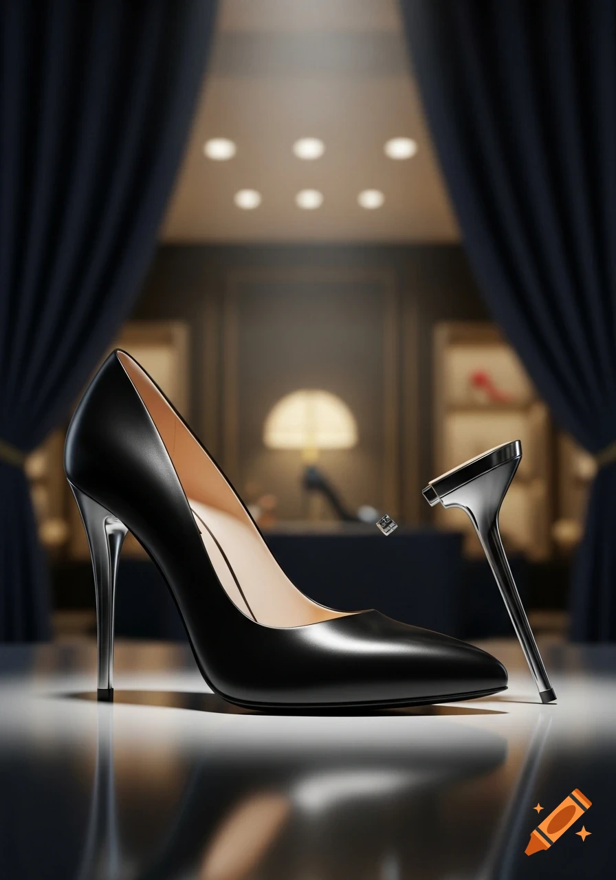 A black high-heeled shoe with a detached silver heel sits on a reflective surface in a dimly lit, luxurious room.