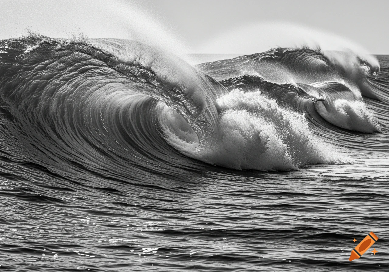 Dynamic black and white photograph of powerful ocean waves breaking, with foam and spray.