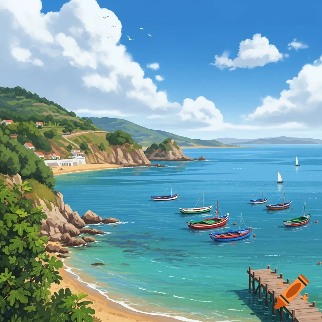 Vibrant illustration of a sunny coastal bay with a sandy beach, green hills, rocky cliffs, colorful boats, and a wooden pier.
