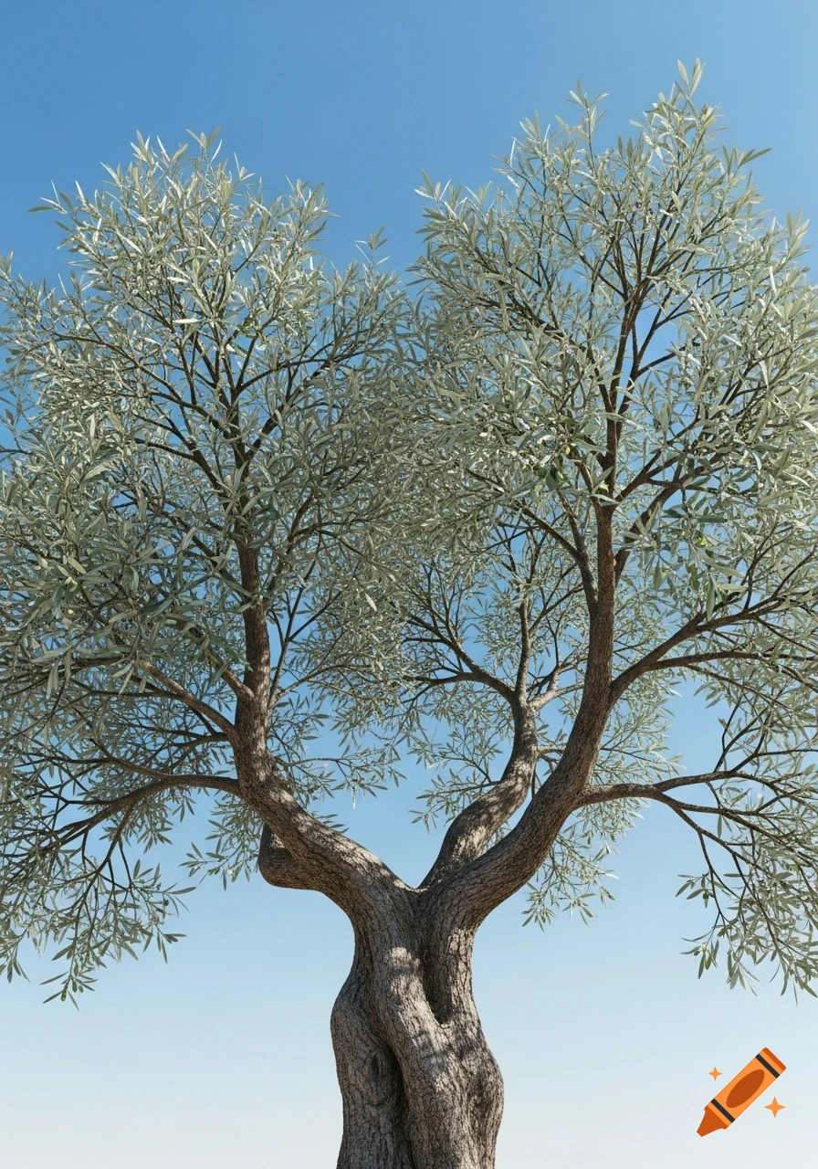 Photorealistic olive tree with silvery-green leaves and a textured trunk against a clear blue sky.