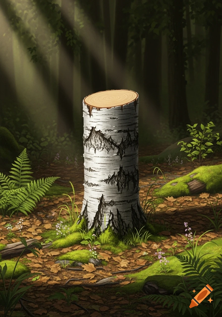 A birch tree stump stands on a mossy forest floor, dappled with sunlight filtering through trees.