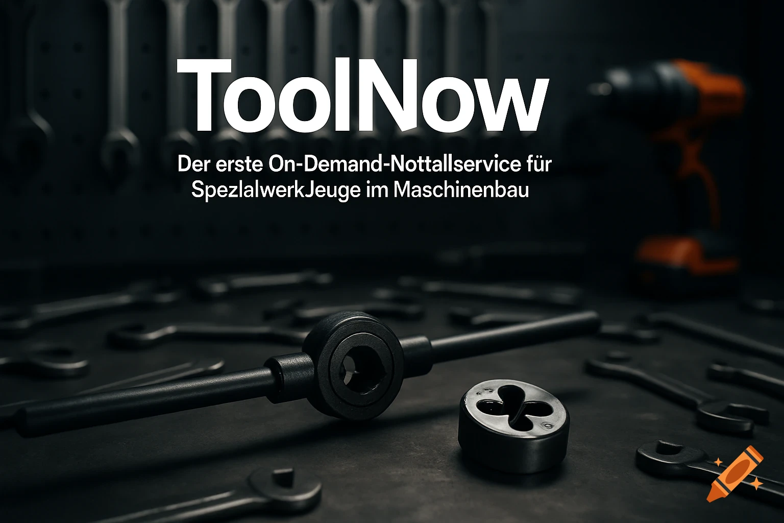 Photorealistic image of a dark workshop with tools, featuring a tap wrench and threading die in focus, with the text "ToolNow" and a German tagline.