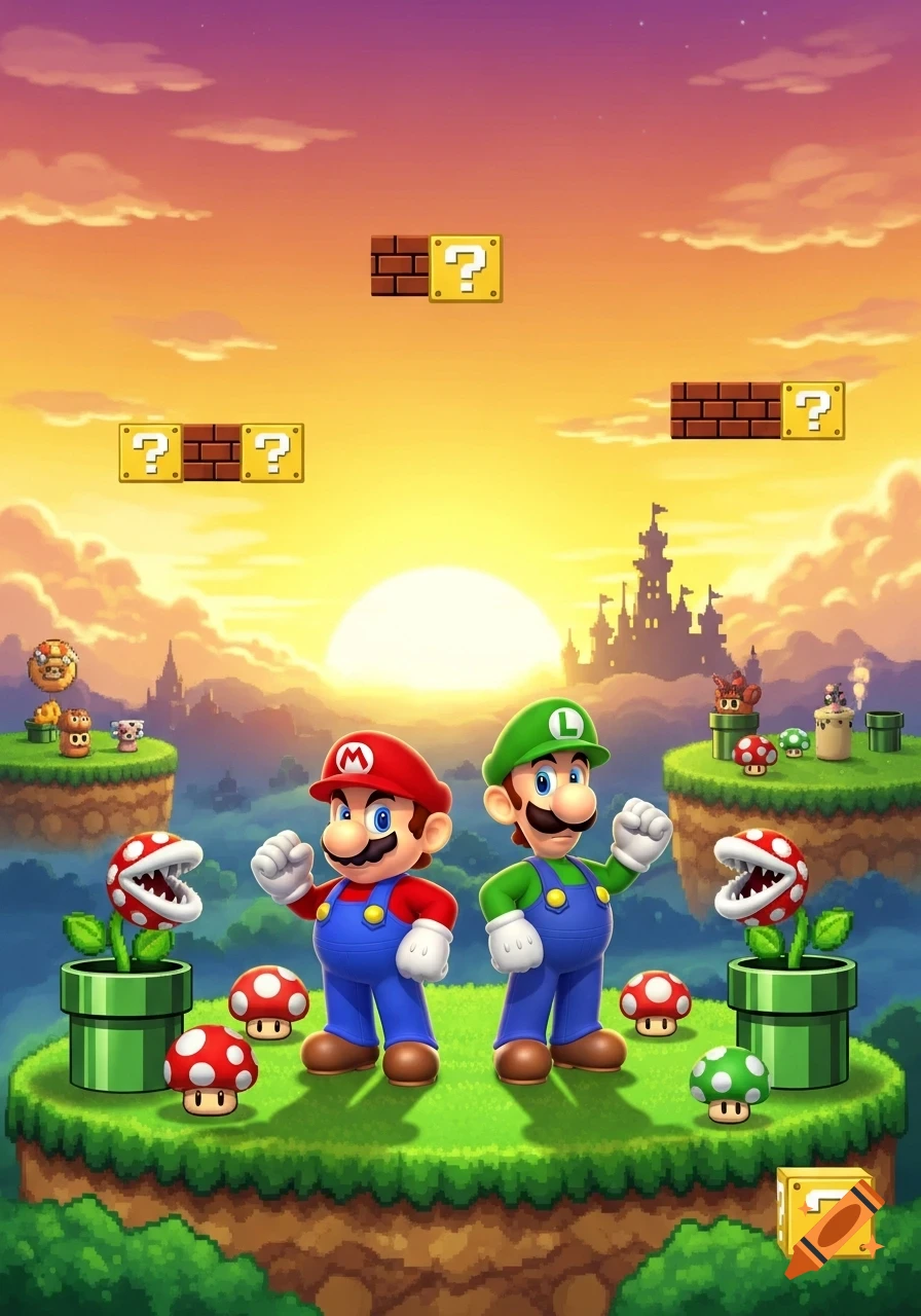 Mario and Luigi stand on a floating green platform surrounded by Piranha Plants, mushrooms, and question blocks, with a castle under a sunset sky.
