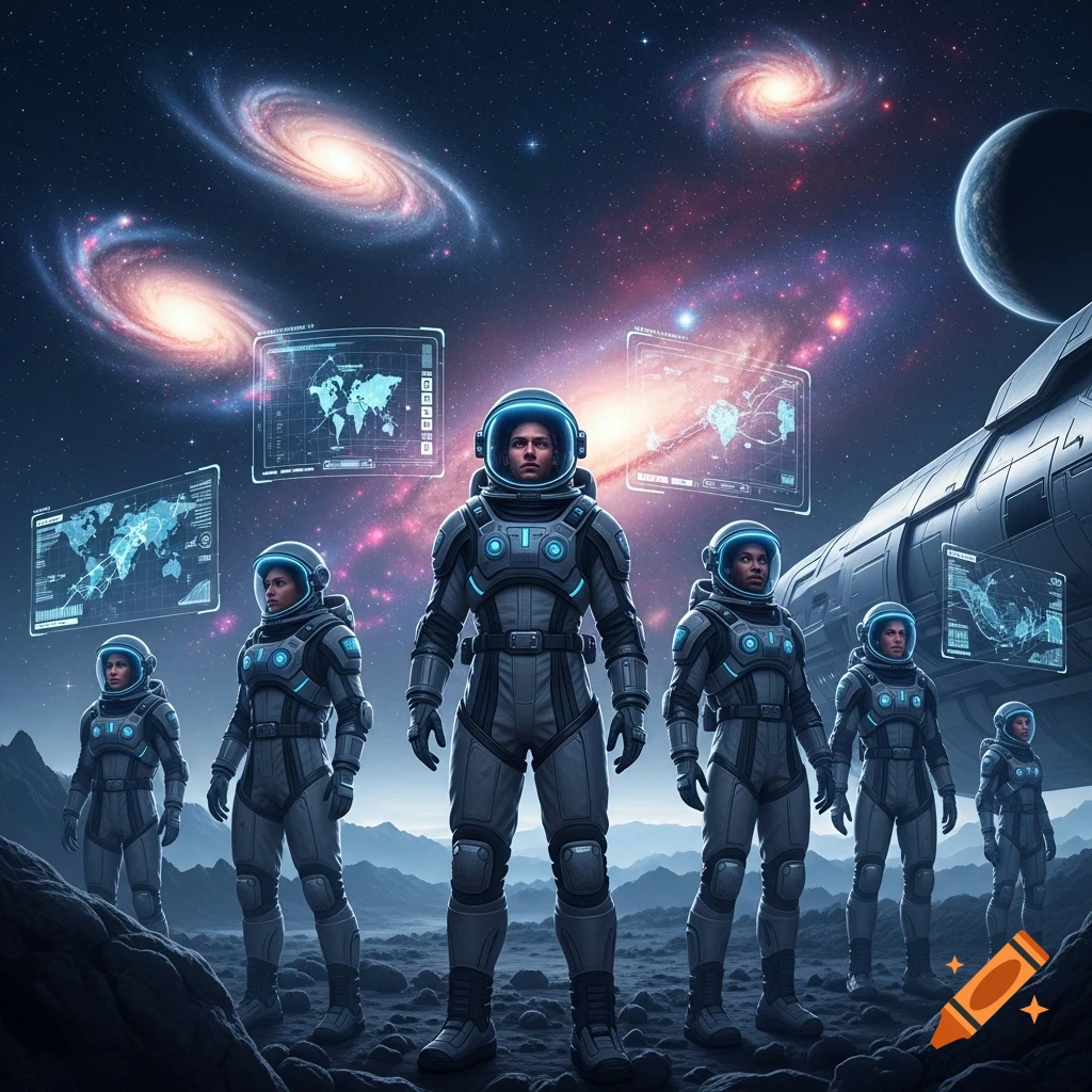 Six astronauts in advanced suits stand on a rocky alien planet. Vibrant galaxies, a dark planet, spaceship, and holographic screens fill the background.