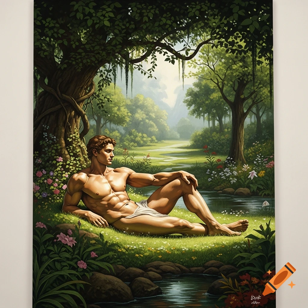 A muscular man in a loincloth reclines on green grass by a stream under a large tree in a lush garden, illustrated in a classic art style.