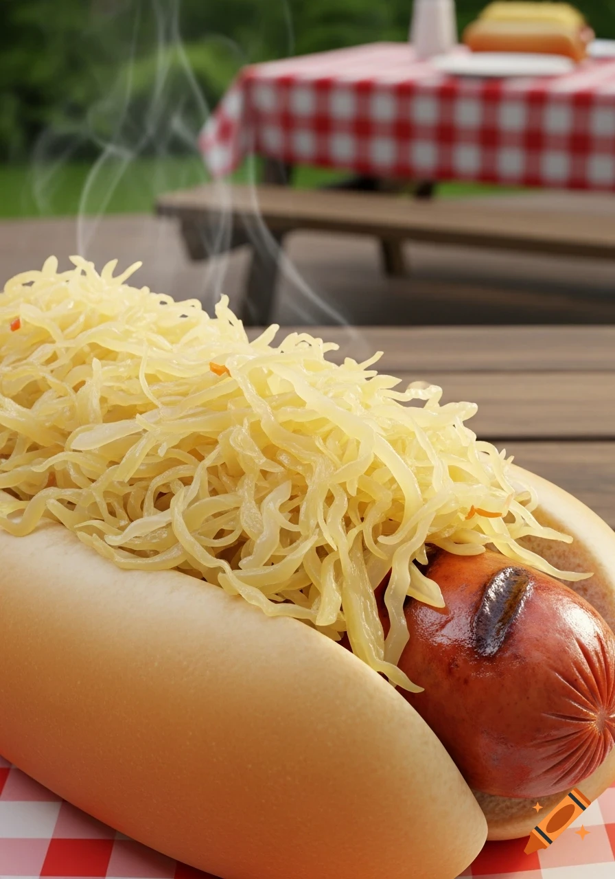 Close-up of a hotdog topped with sauerkraut on a checkered paper, with a blurred outdoor picnic table in the background.