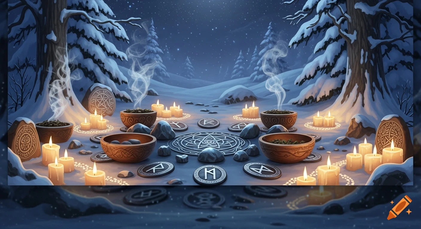 A mystical winter night scene with glowing candles, wooden bowls, and runic symbols arranged in a ritual circle on snow, surrounded by snow-laden trees.