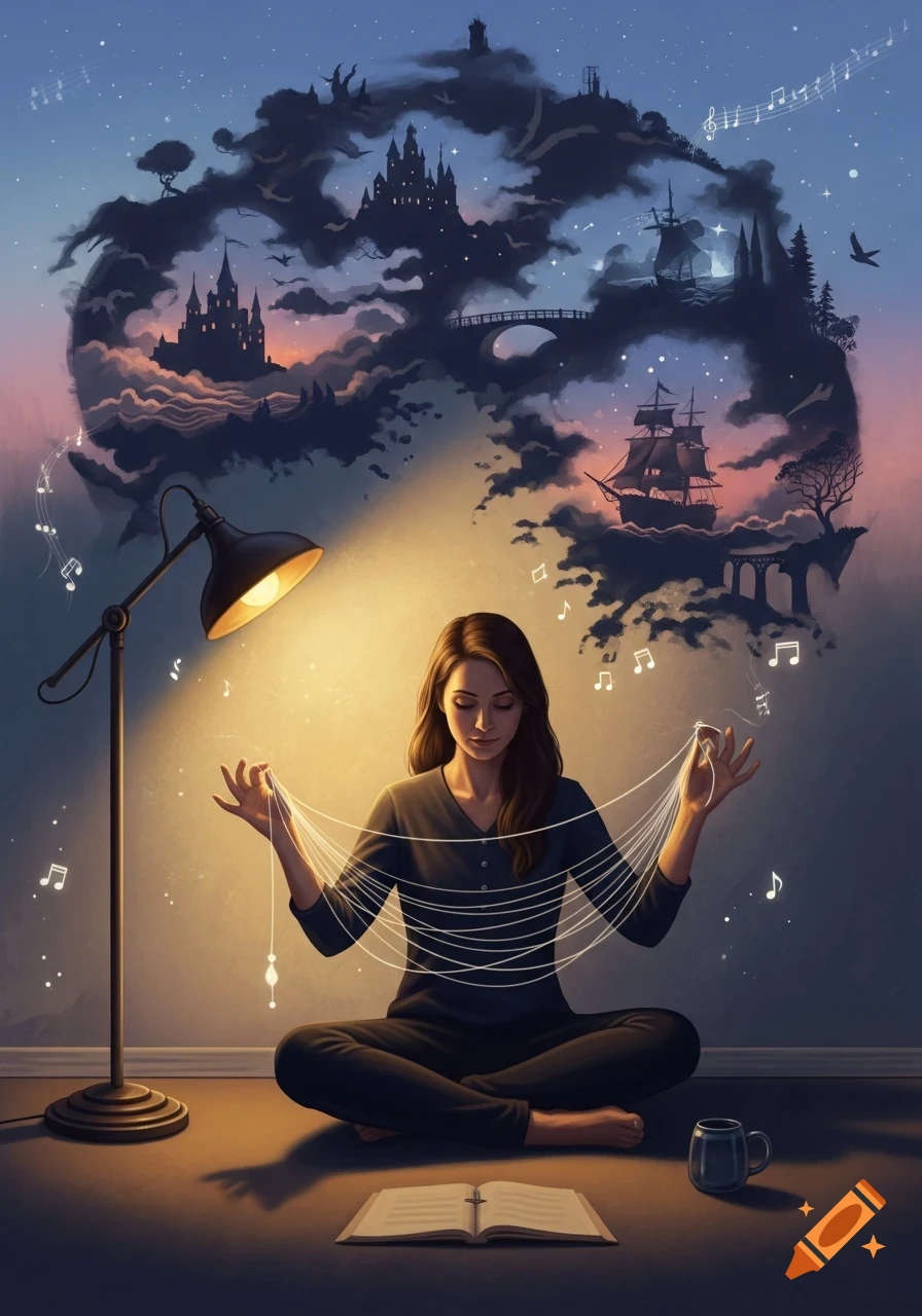 A woman meditates cross-legged on the floor, weaving luminous threads that conjure ethereal landscapes of castles, ships, and musical notes from a lamp's light.