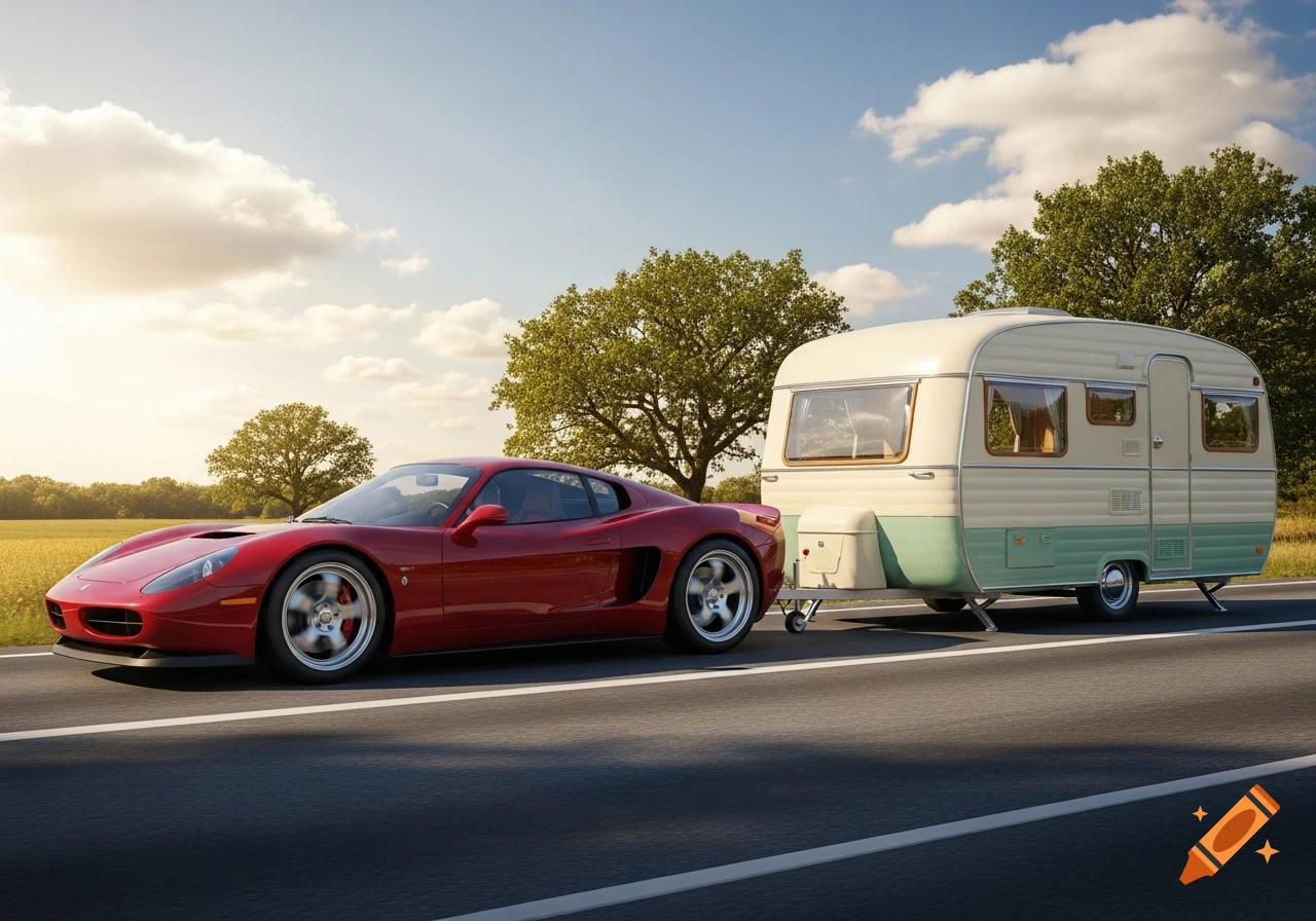 A red sports car tows a vintage cream and mint green caravan along a sunny road with fields and trees in the background.