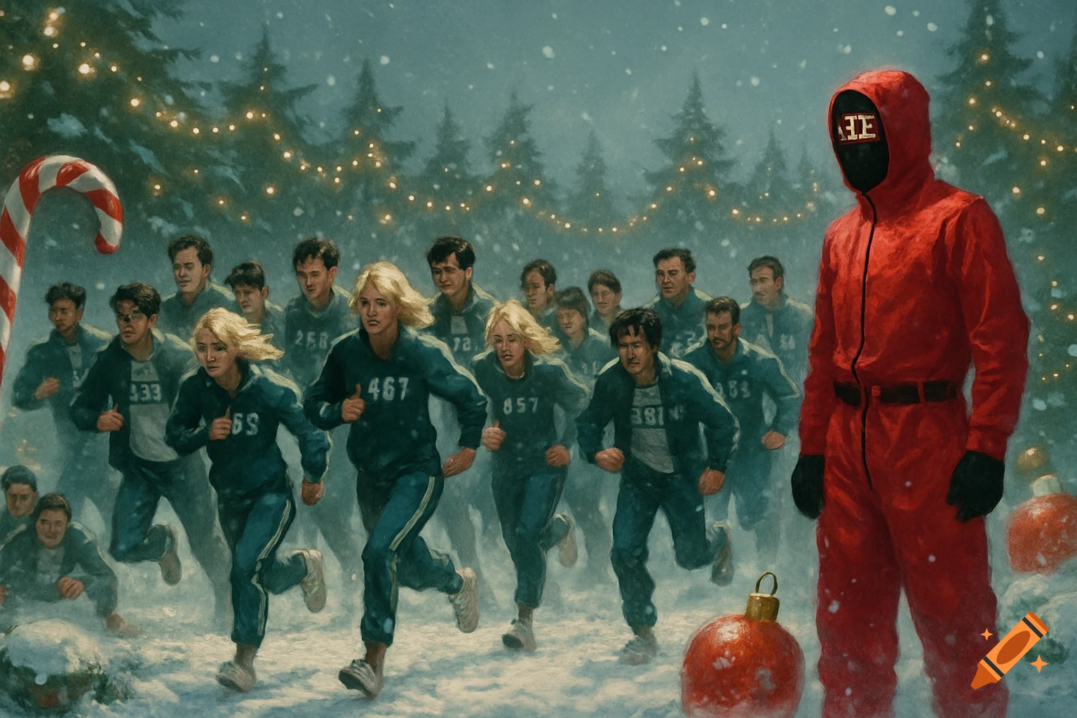 A stylized painting of Squid Game players in green tracksuits running through a snowy forest with Christmas lights, overseen by a red-suited guard and a giant candy cane.