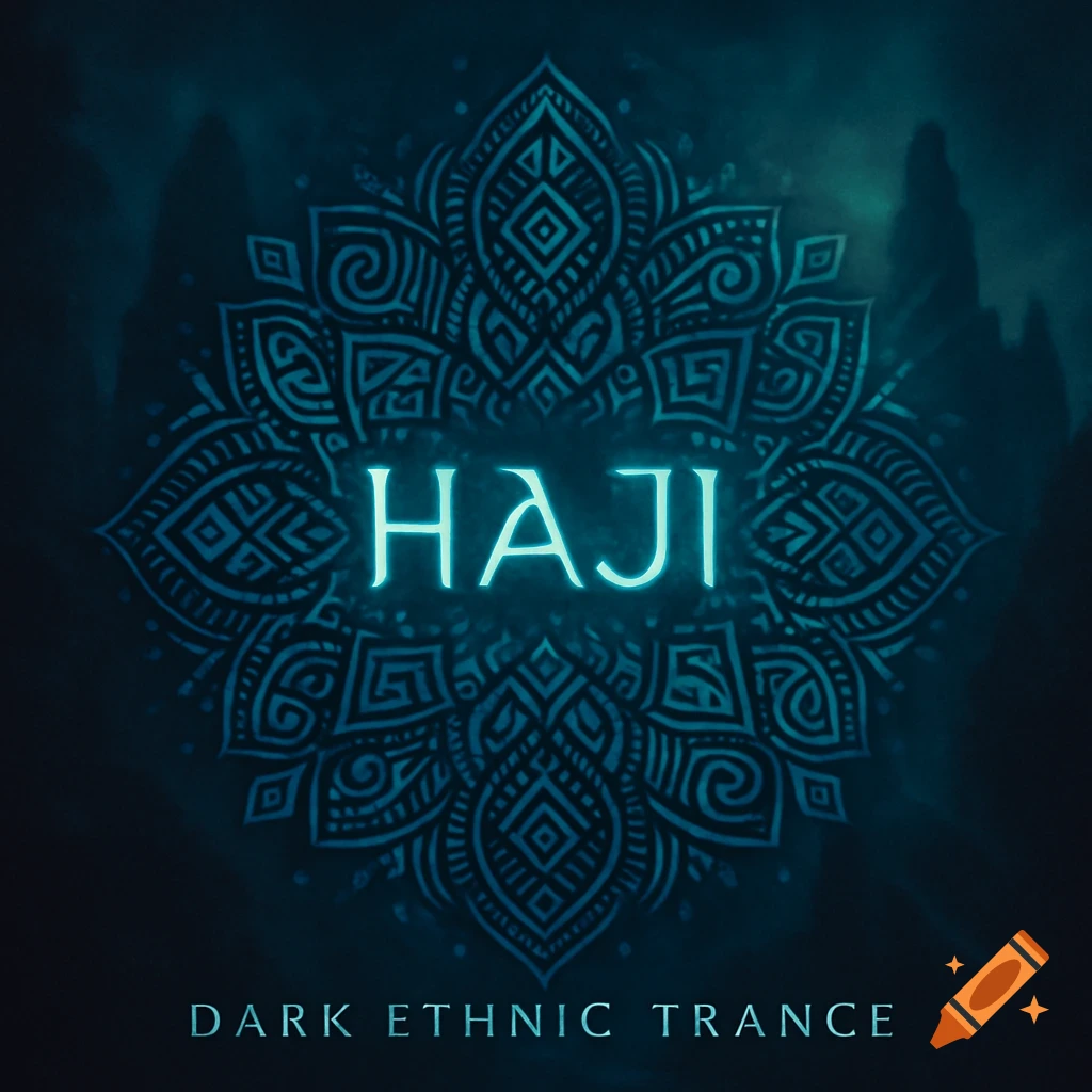 Dark blue album cover with a glowing blue mandala pattern in the center, featuring the name 'HAJI' and 'DARK ETHNIC TRANCE' text below.