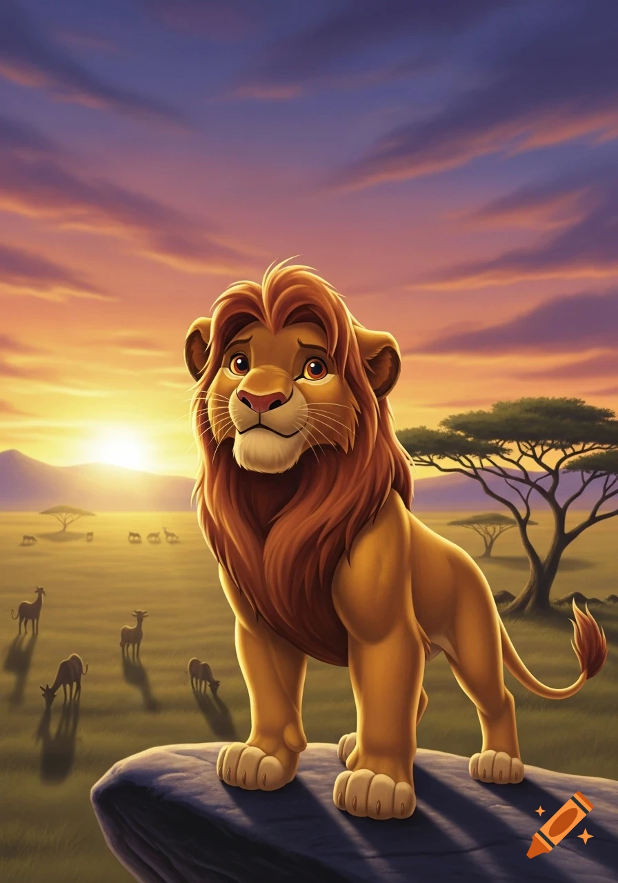 A cartoon lion with a red mane stands on a rock in a savanna at sunset, with other animals and trees in the background.