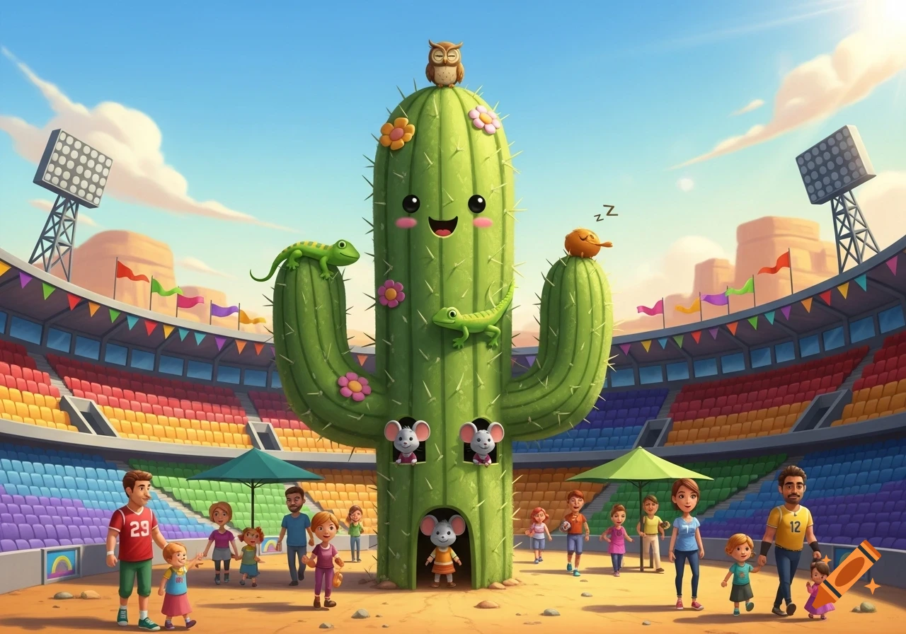 A whimsical cartoon scene of a giant smiling cactus in a colorful football stadium with families, mice, lizards, and an owl.