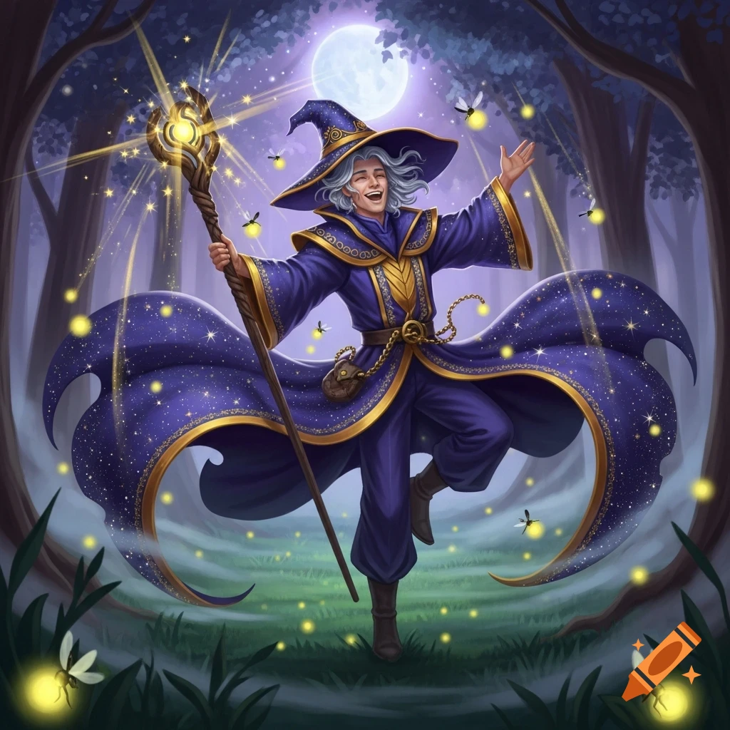 A laughing wizard in a starry purple robe holds a glowing staff and dances in an enchanted forest with fireflies under a full moon.