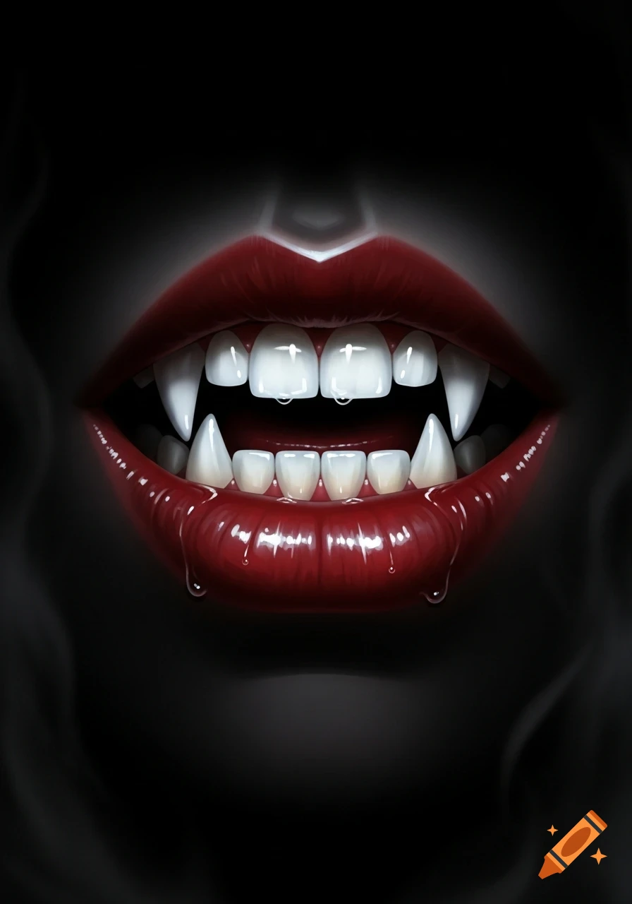 Close-up of a vampire's mouth with bright red lips, sharp fangs, and glistening liquid drops against a dark background in an illustrative style.