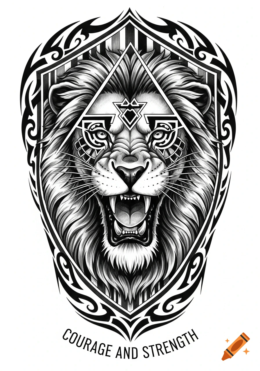 Black and white sketch of a roaring lion head with geometric and tribal patterns, text says 'COURAGE AND STRENGTH'. Tattoo design style.