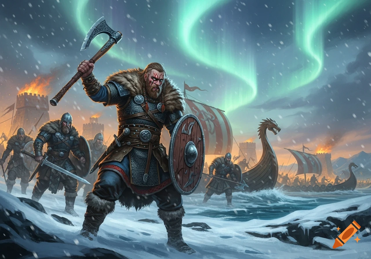 Viking berserkers with axes and shields invading snowy castles from longships under aurora borealis, digital painting.