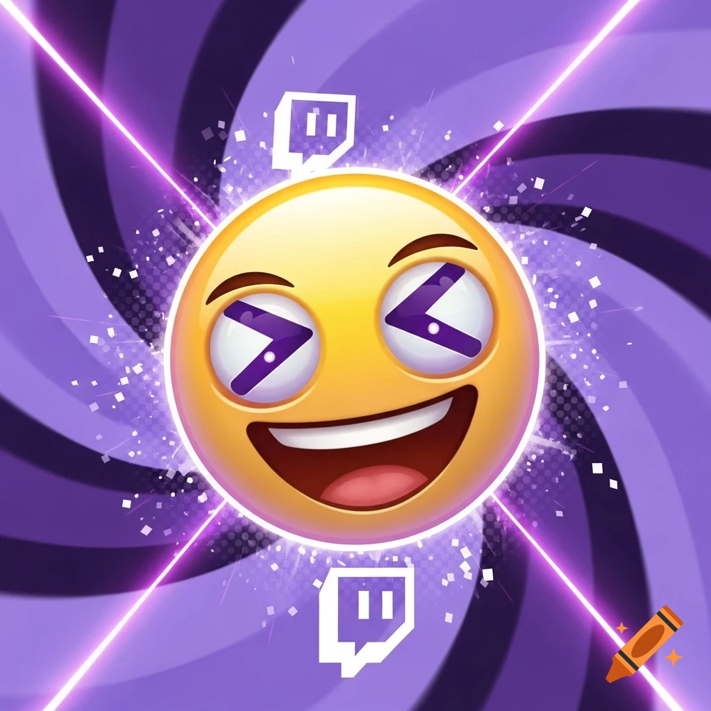 A grinning yellow emoji with purple V-shaped eyes, radiating light and sparkling particles, with two white Twitch logos on a swirling purple background with pink laser beams.