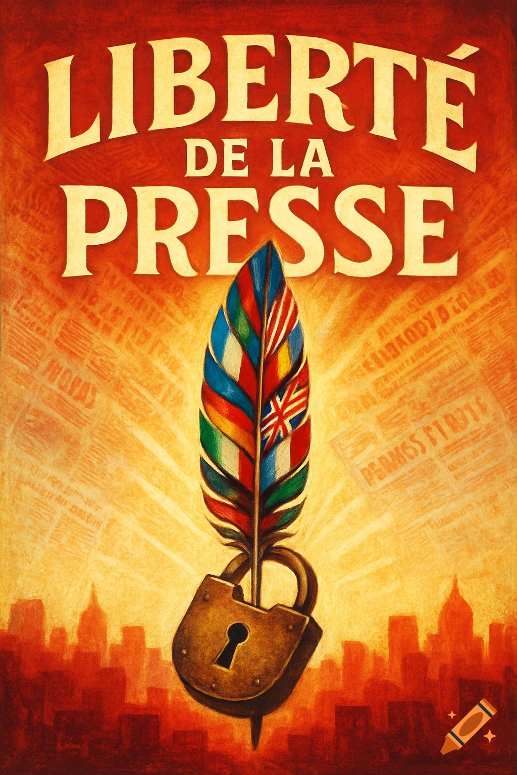 A stylized poster for 'Freedom of the Press' with a quill feather made of flags piercing a padlock, above a city skyline.