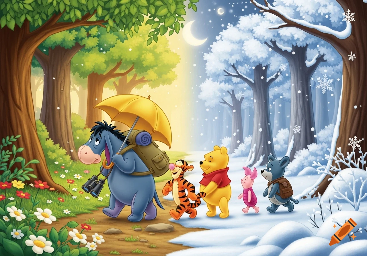 Cartoon Eeyore, Tigger, Winnie the Pooh, Piglet, and a gray friend walk a path in a forest split between summer and winter. Eeyore carries an umbrella and binoculars.