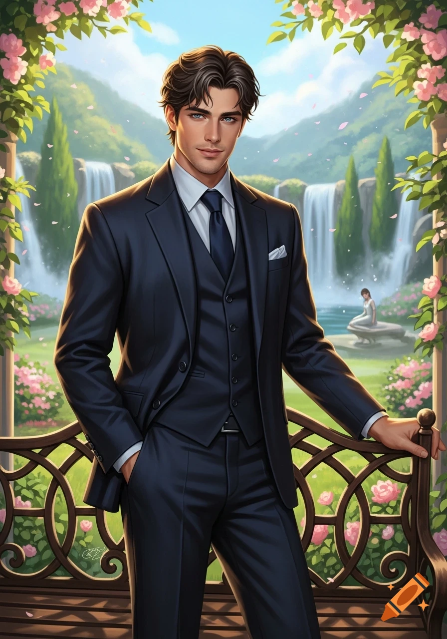 A handsome man in a dark suit stands in a lush garden with waterfalls and pink flowers, in an illustrated style.