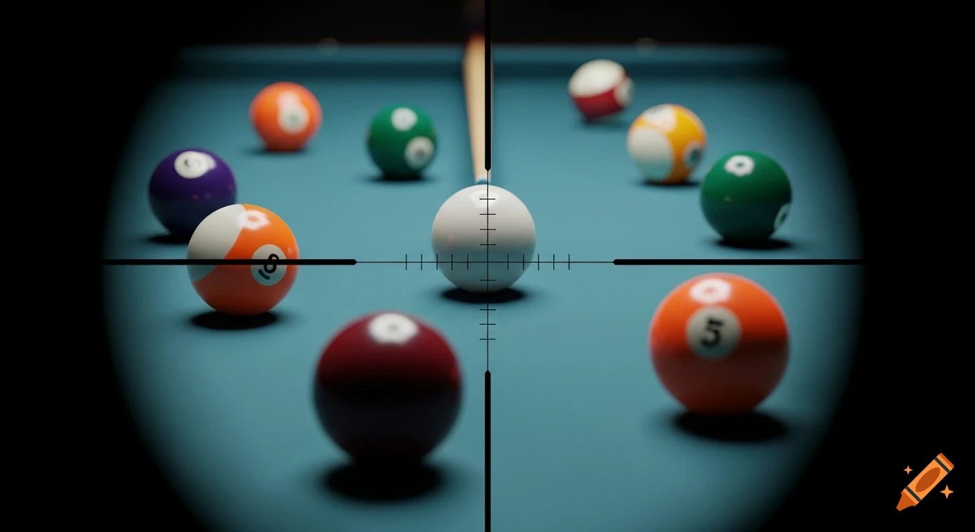 A sniper's crosshair aimed at a white cue ball on a billiard table, surrounded by other pool balls, seen through a scope.