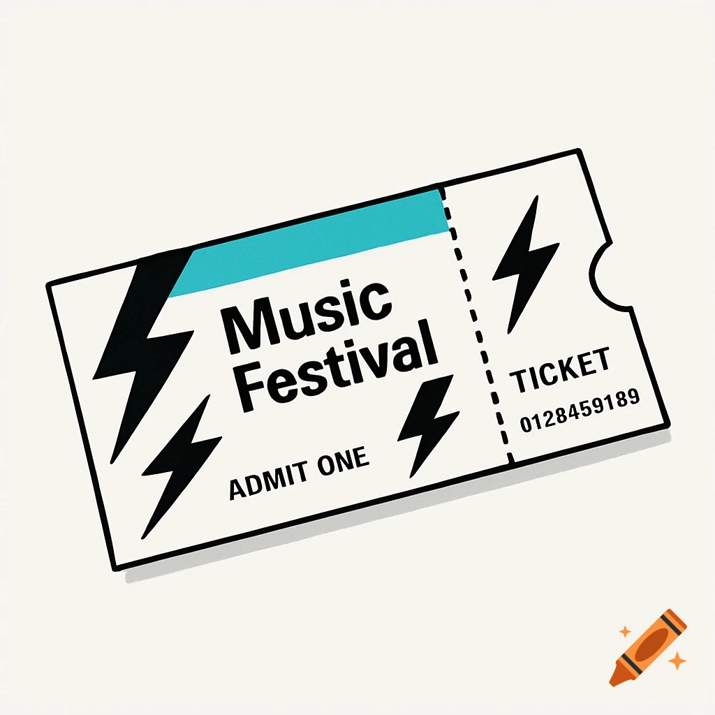 An illustrated white music festival ticket with a turquoise bar, black lightning bolts, and text 'Music Festival', 'ADMIT ONE', 'TICKET'.