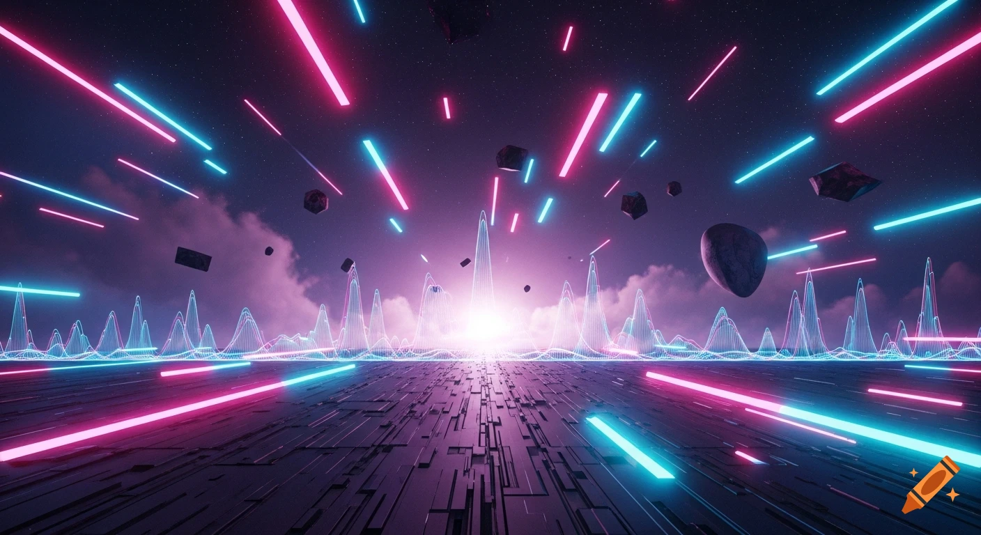 A vibrant futuristic universe with glowing pink and blue neon lights ...