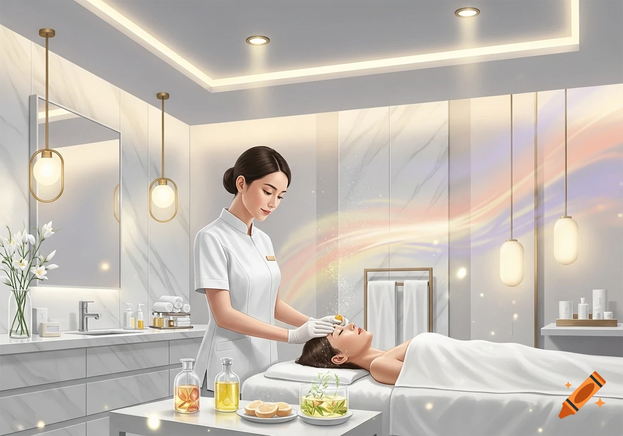Beautician performs a facial treatment on a client in a serene, brightly lit spa room with glowing light effects.