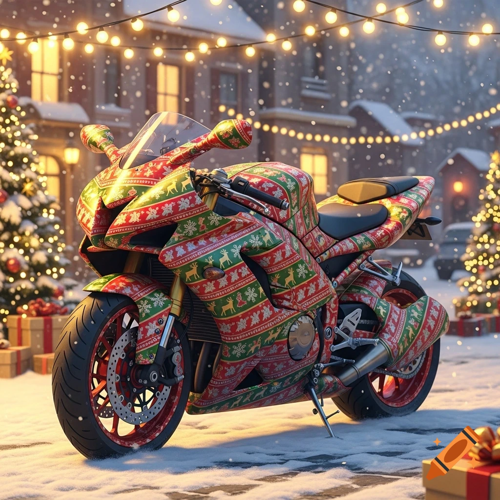Photorealistic motorcycle wrapped in red and green Christmas paper in a snowy festive street with lights.